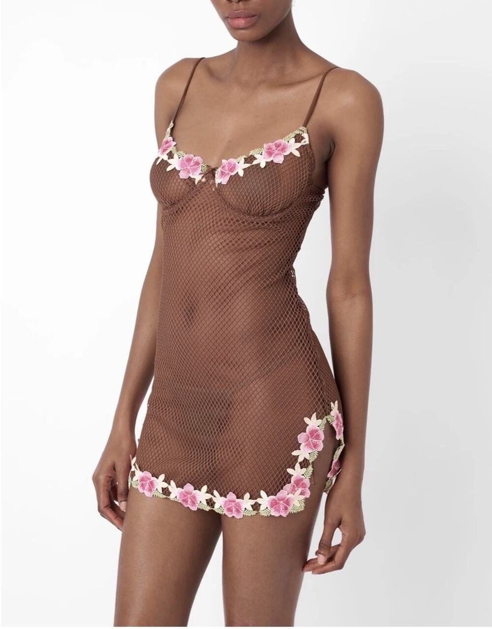 Poster Girl embroidery Trim Mesh Dress Brown Small